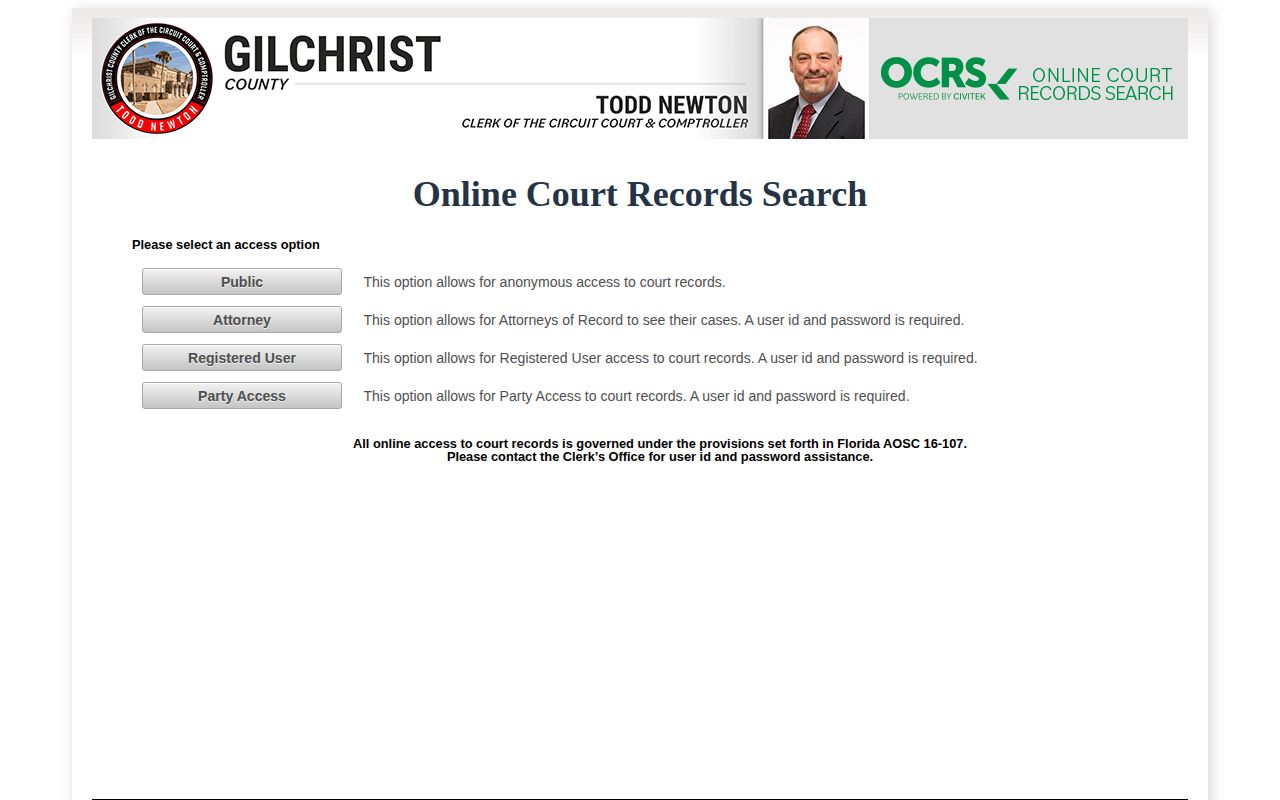Gilchrist County court case and arrest disposition search