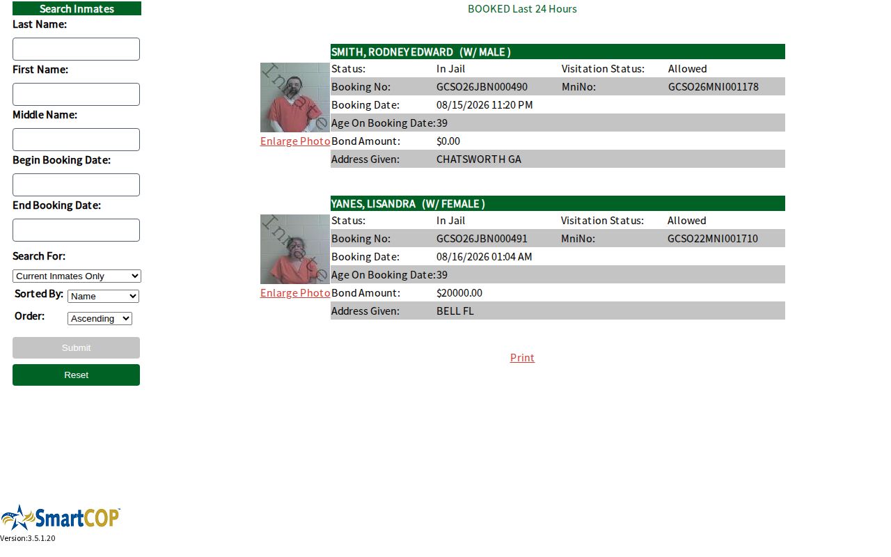 Gilchrist County jail roster and recent booking search interface