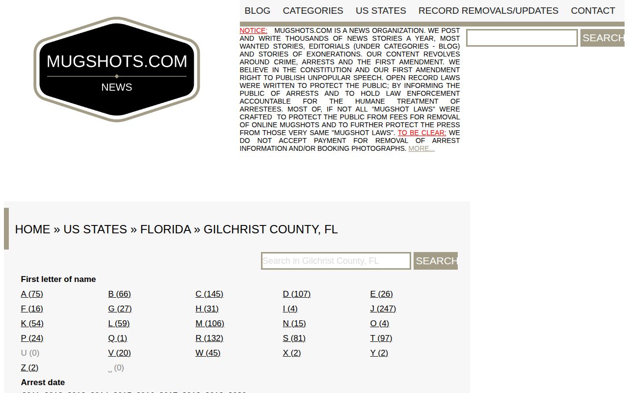Unofficial stale Gilchrist County mugshot news category