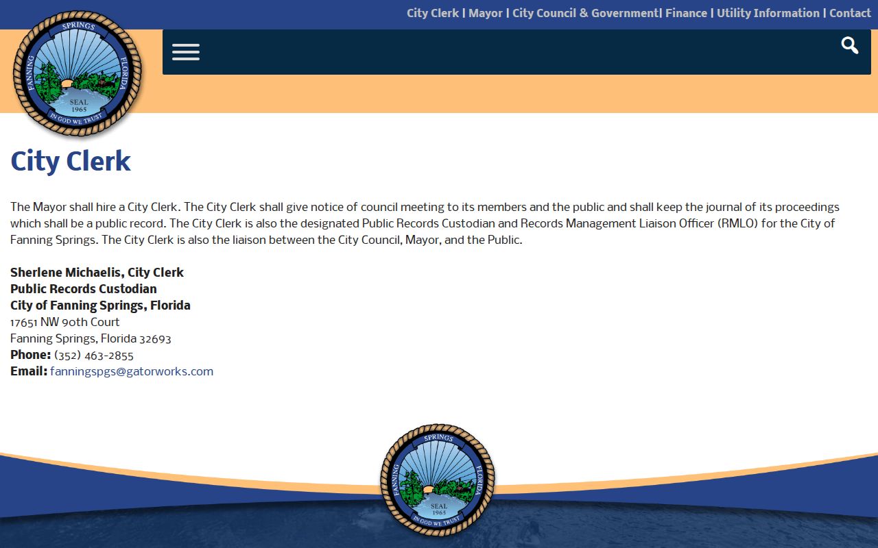 Fanning Springs official city clerk records contact for Gilchrist County booking route
