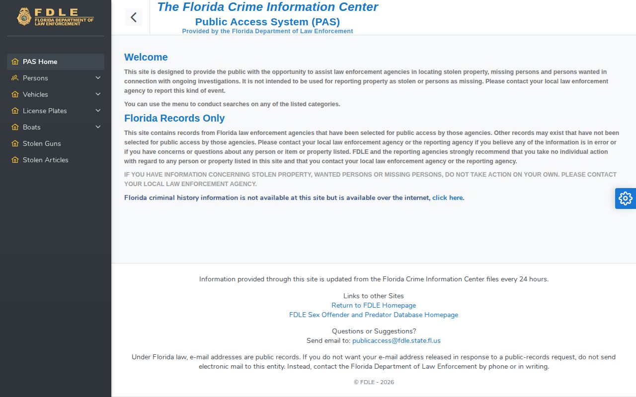 FDLE PAS search for Gilchrist County wanted records