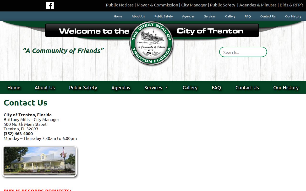 Trenton Florida official city records contact for Gilchrist County arrest record routing